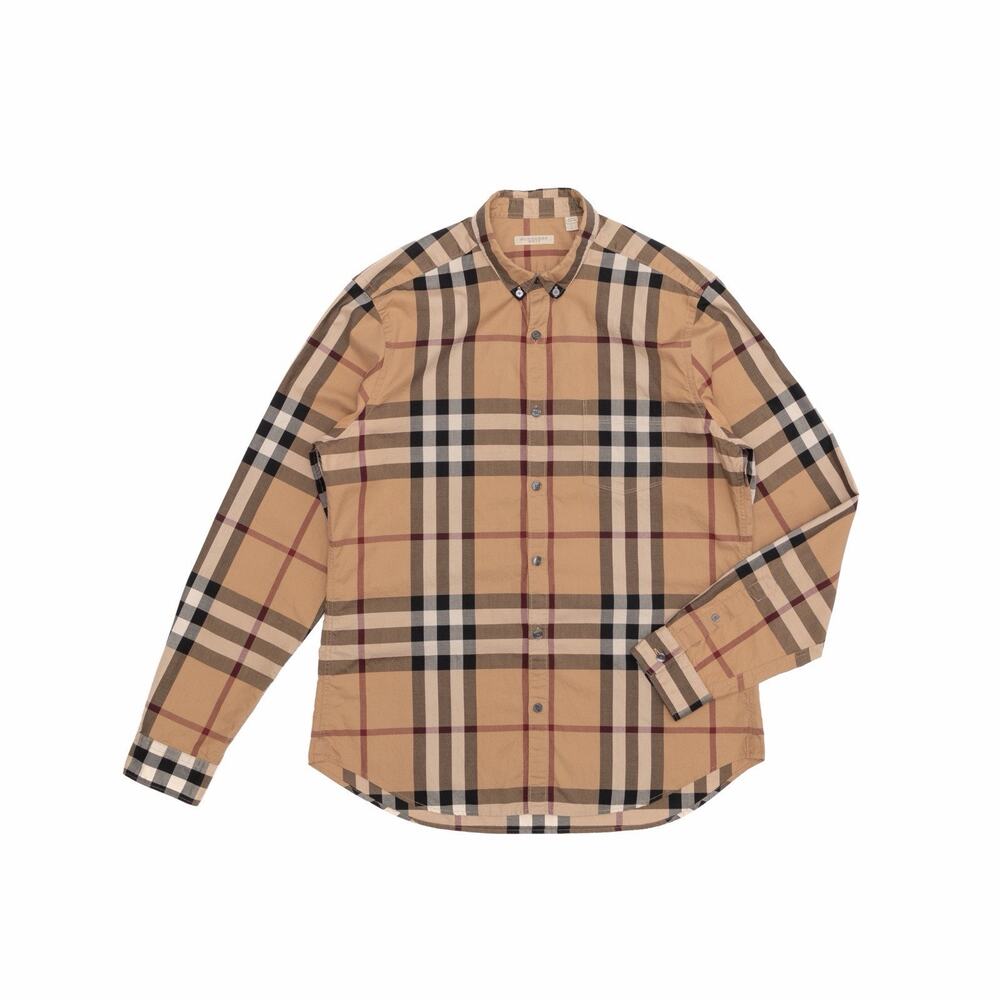 595$ BURBERRY BRIT Nova Check Beige Cotton Long Sleeve Button Down Shirt Size :L